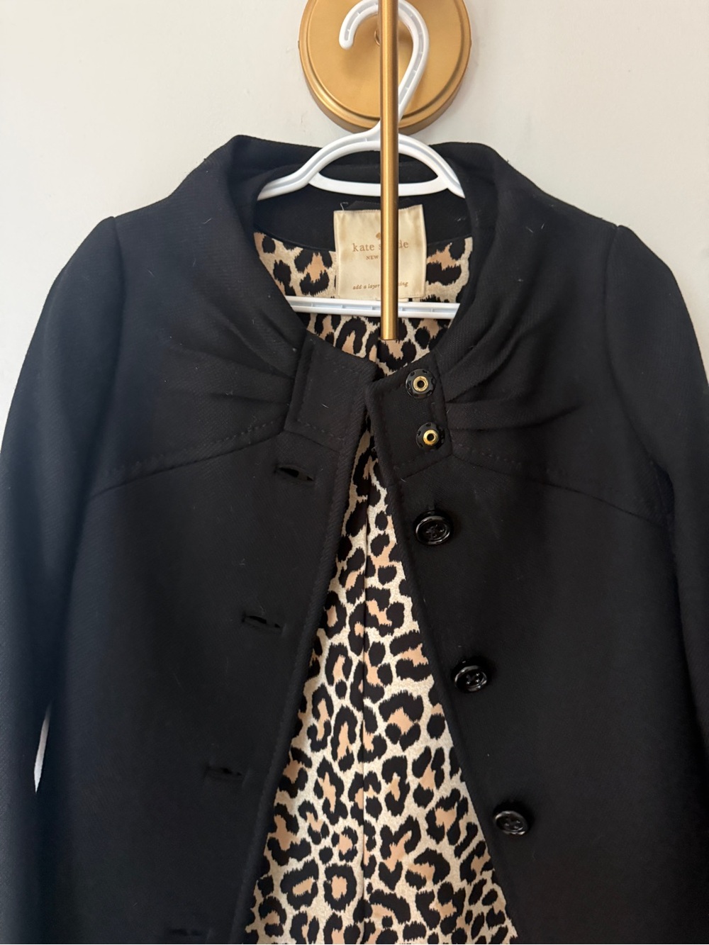 kate spade Black Wool Pea Coat with Leopard-Print Lining - Picture 3 of 4